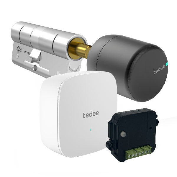 Starterkit Tedee PRO Slim Deurslot zwart, Bridge, M&C modulaire cilinder en Dry Contact